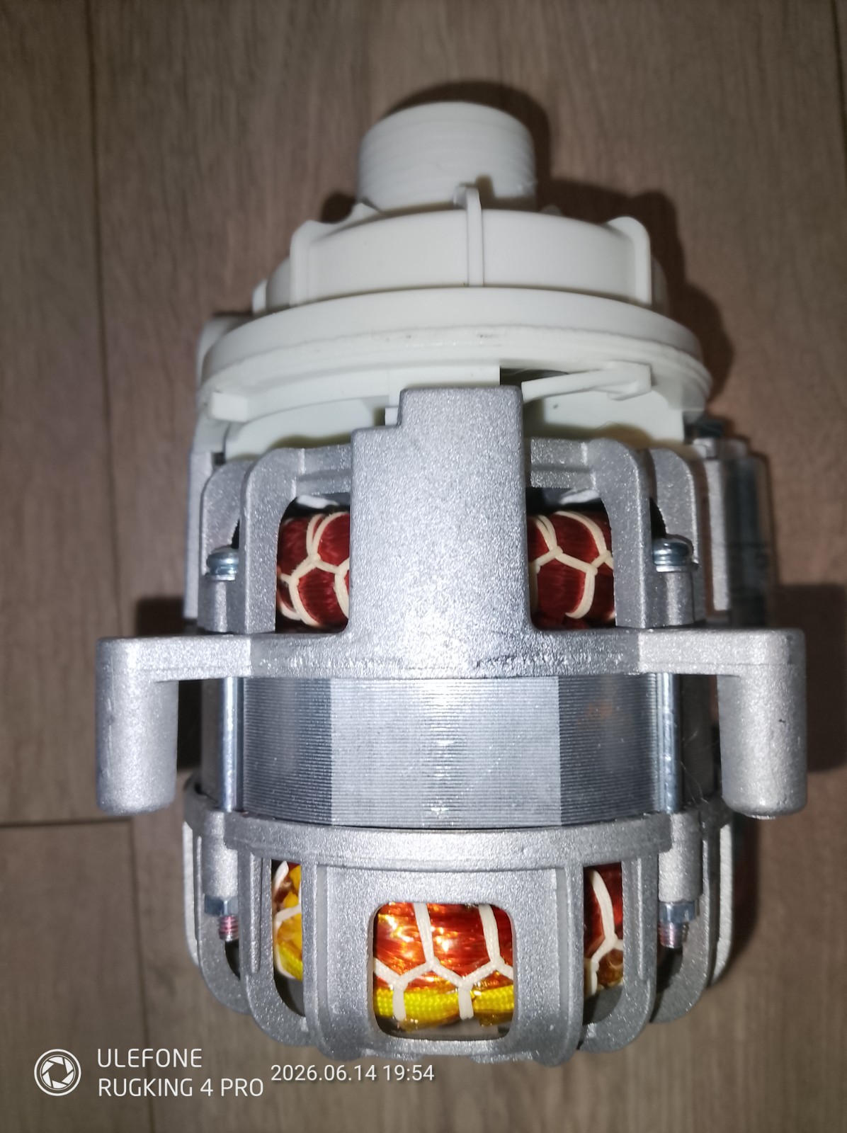 s-l1600-1146.jpg Close-up of an electric motor rotor with white plastic mounting and exposed copper windings