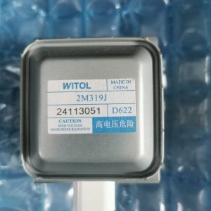 Metallic electronic component with blue-printed label: WITOL, Made in China, model 2M319J, serial 24113051, D622, and a high-voltage microwave radiation caution label (including Chinese text).
