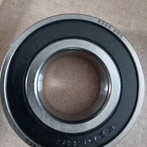 Circular metal ball bearing with inner and outer race visible on a concrete surface; outer rim is labeled 6205 2RS/2RS.