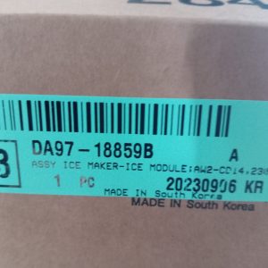 Teal barcode label on a brown box, showing part number D97-18859B and 'Made in South Korea' text, for an ice maker module accessory.