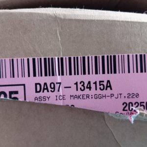 Pink label on cardboard box with a barcode and part number DA97-13415A; mentions ASSY ICE MAKER and 220 (appliance part).