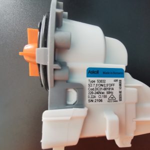 Askol water pump component with orange connector and blue label reading Made in Romania, model S3032, 220-240V AC, 0.22A, SN 2106