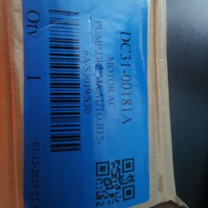Blue shipping label on a cardboard box showing a barcode, QR code, and product text (DC3I-0018IA) along the edge of the package.
