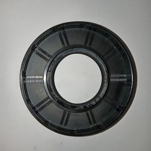 Black circular mechanical ring with a central hole and evenly spaced ribbed segments around the edge.