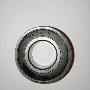 Metal ball bearing (6205RS) with inner and outer races visible on a white background.