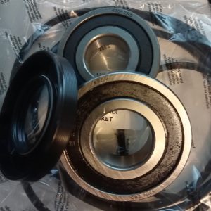 Close-up of metal wheel bearing components (inner and outer races) inside a clear plastic bag, showing a seal and rings of metal.