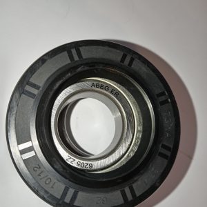 Metal ball bearing with inner and outer rings on a white surface; markings read ABEG ER 6306 ZZ (bearing type/model).