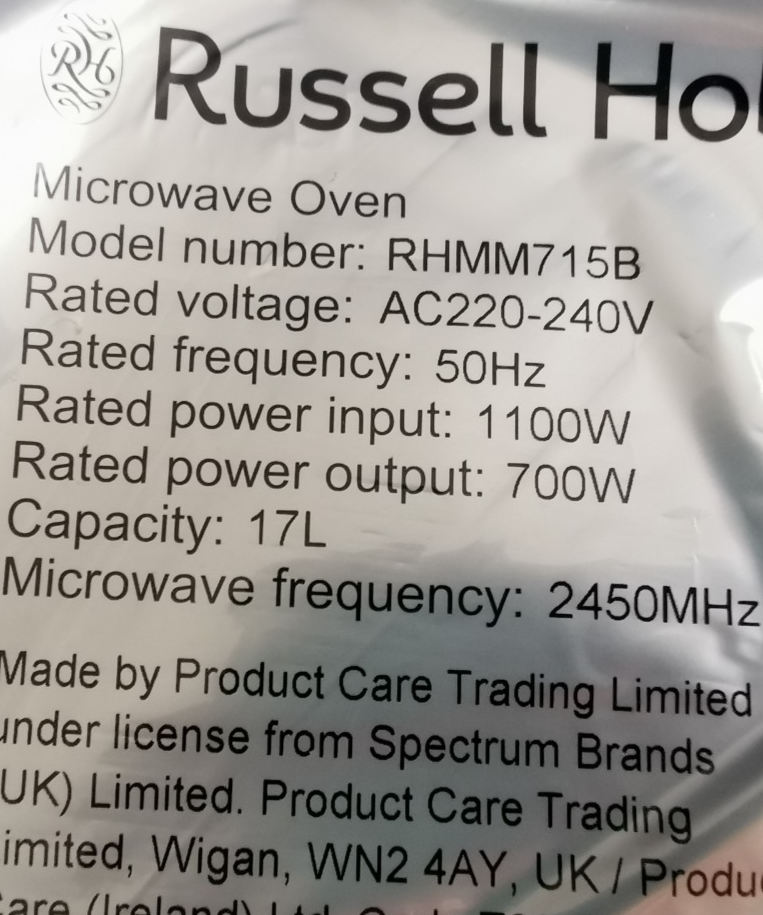 s-l1600-34.png Label on Russell Hob microwave oven: Model RHMM715B, 17L, 700W output, 1100W input, 220–240V, 50Hz, 2450MHz (microwave).