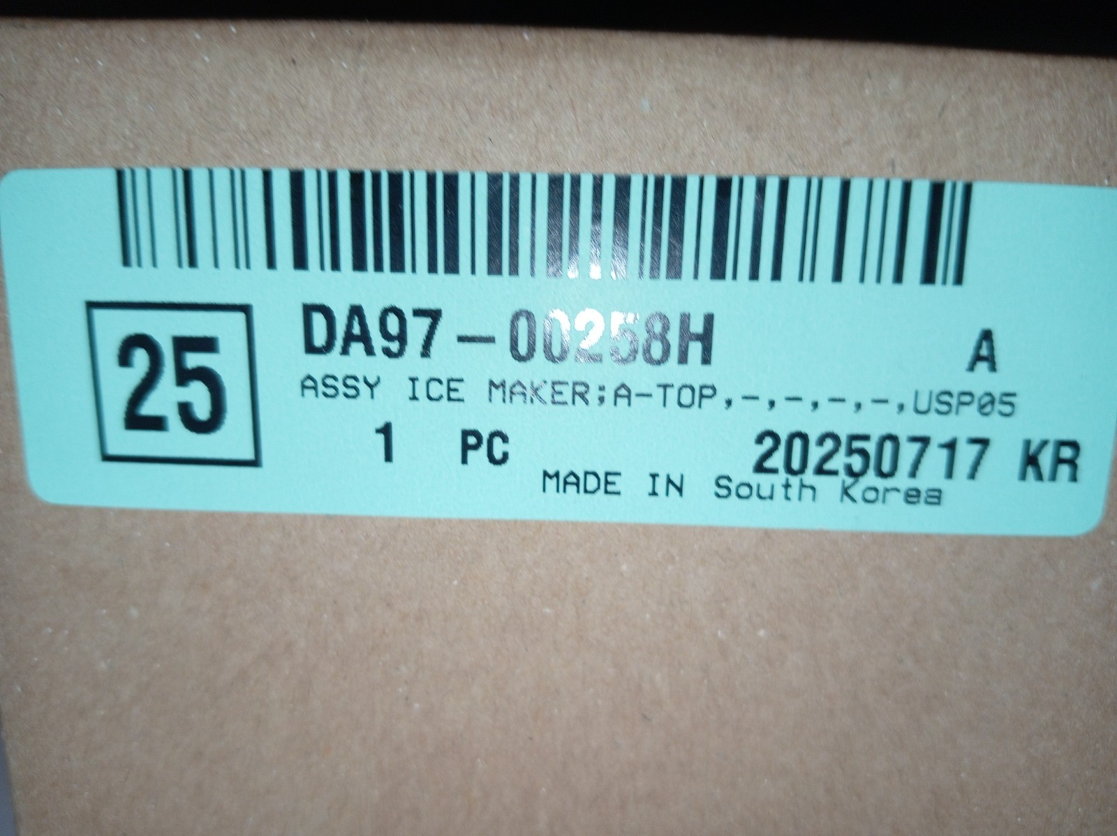 s-l1600-375.jpg Label on a box with a barcode and part info: DA97-00258H, 25 in a boxed tile, 1 PC, Made in South Korea.