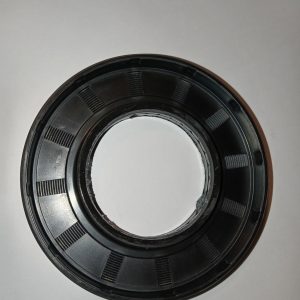 Circular black plastic ring with evenly spaced rectangular notches along the inner and outer edges (mechanical mounting part)