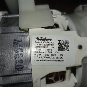 Close-up of a Nidec motor label on an appliance, showing type PA085A250C01, 2650 rpm, 86 W, 220-240V, 50 Hz, IP00.