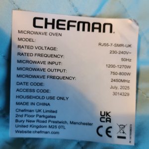 Chefman microwave oven specification label with model RJ55-7-SMR-UK and power details (230–240V, 50Hz, input 1200–1270W, output 750–800W). Made in China.