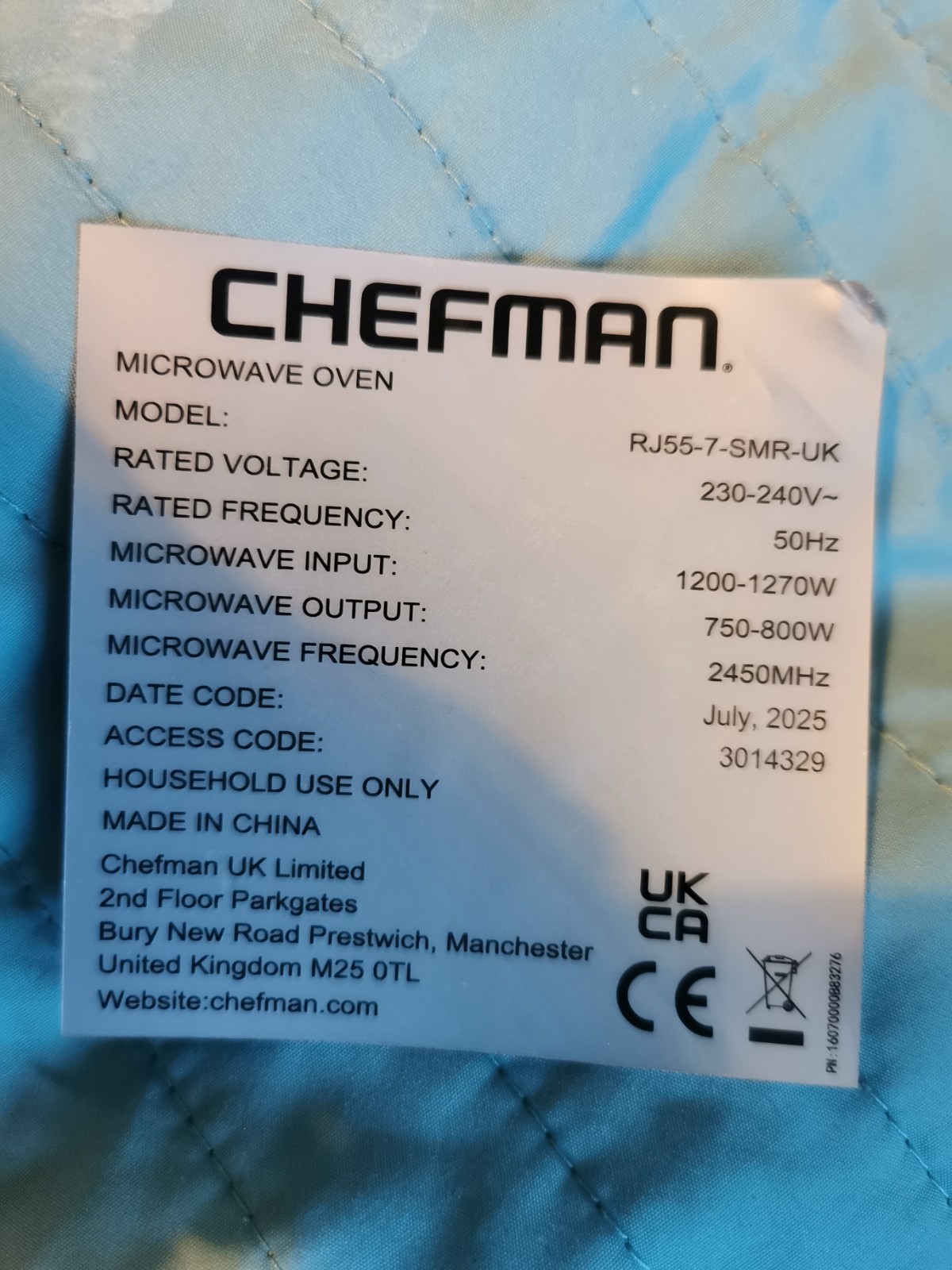 s-l1600-707.jpg Chefman microwave oven specification label with model RJ55-7-SMR-UK and power details (230–240V, 50Hz, input 1200–1270W, output 750–800W). Made in China.
